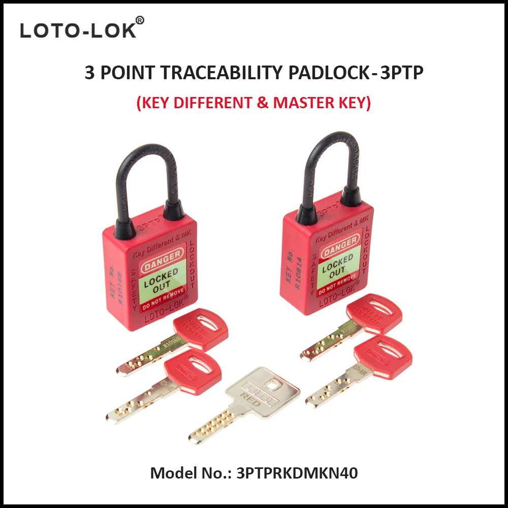 3-PTP (Three Point Traceability Padlock). <BR>Color: RED. Non Conductive REGULAR Shackle. Model No: 3PTPRKDMKN40