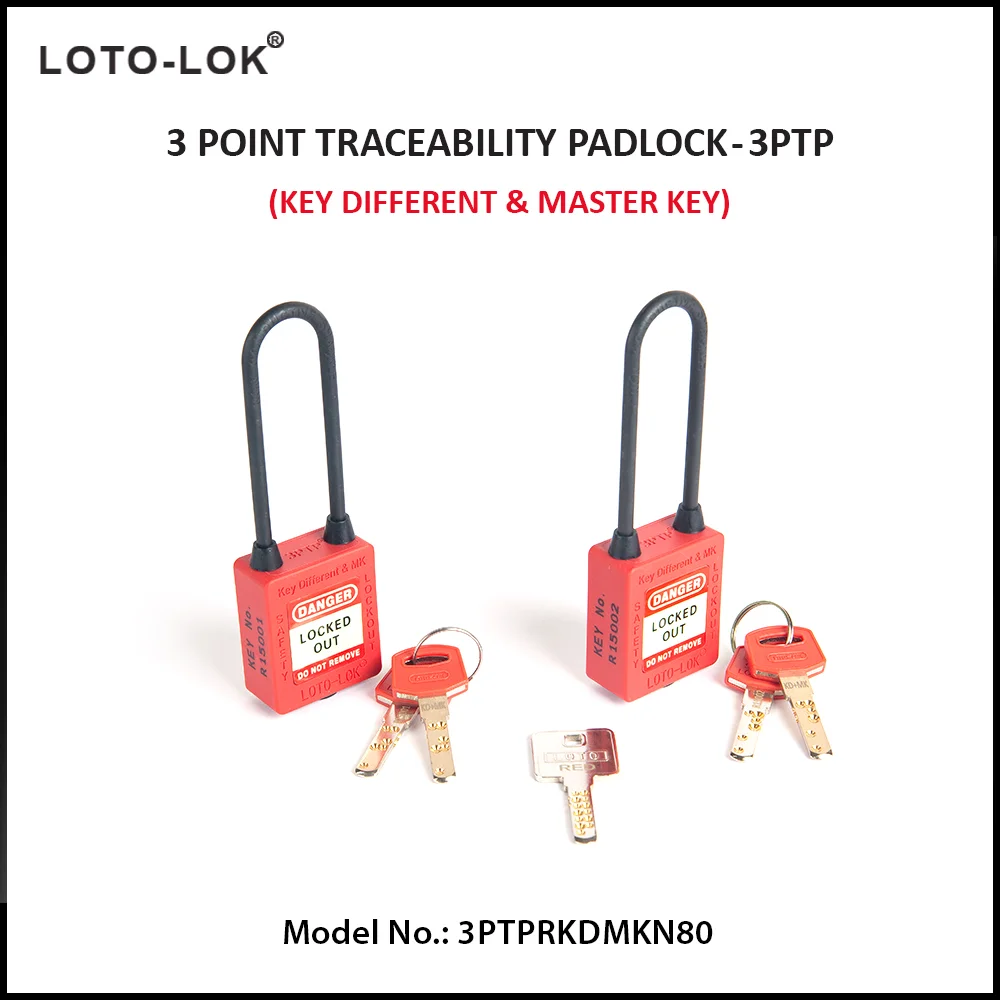 3-PTP (Three Point Traceability Padlock). <BR>Color: RED. Non Conductive LONG Shackle. Model No: 3PTPRKDMKN80