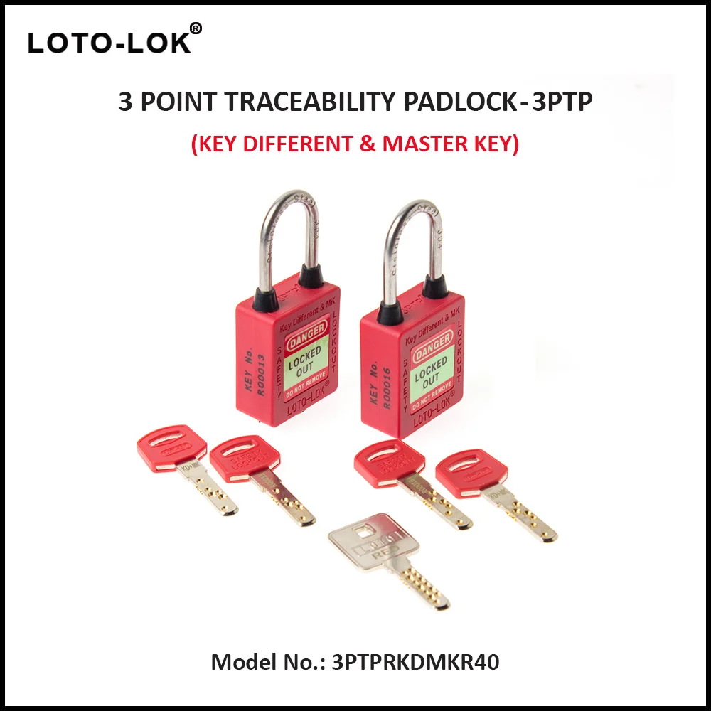 3-PTP (Three Point Traceability Padlock). <BR>Color: RED. Stainless Steel (SS304 Grade) REGULAR Shackle. Model No: 3PTPRKDMKR40