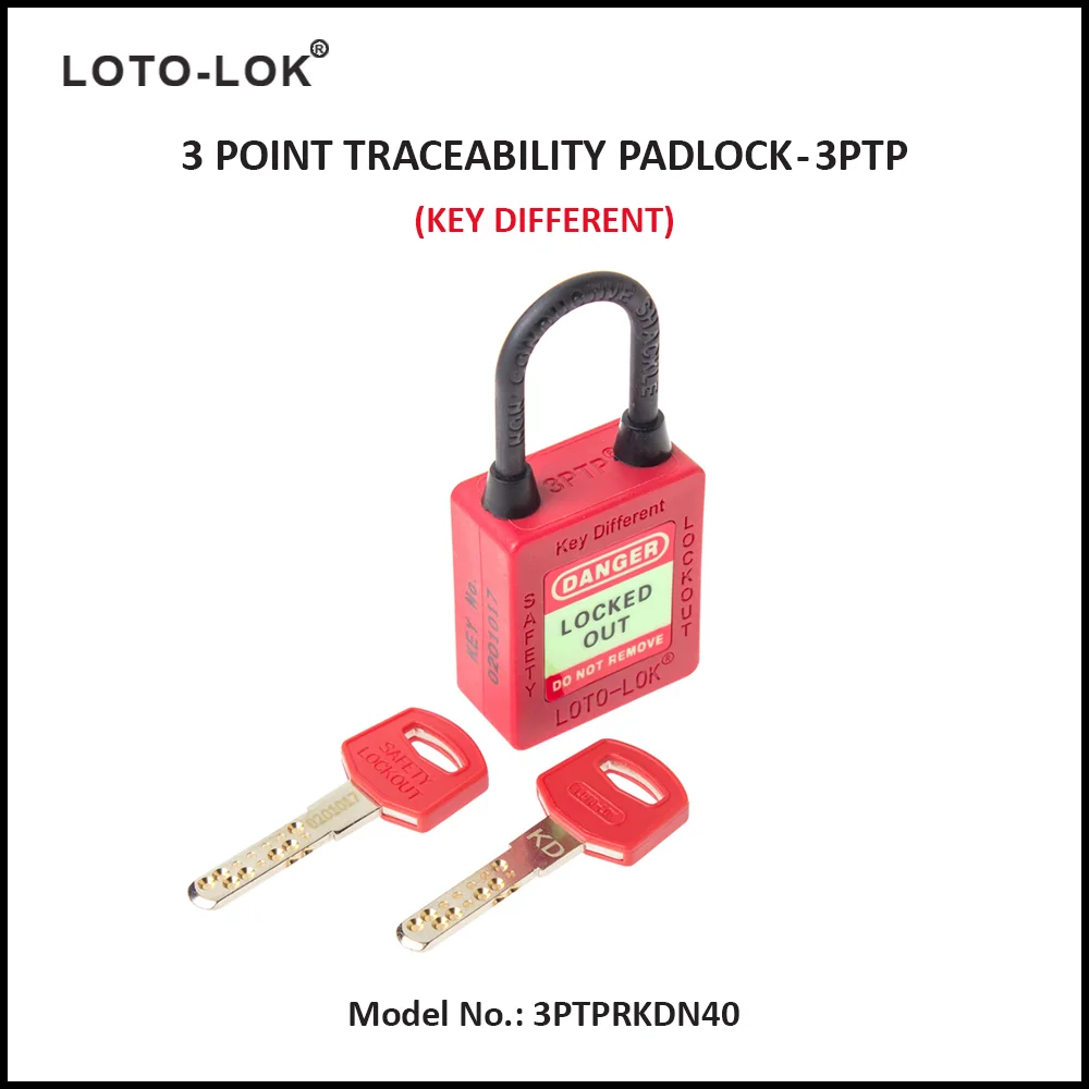 3-PTP (Three Point Traceability Padlock). <BR>Color: RED. Non Conductive REGULAR Shackle. Model No: 3PTPRKDN40