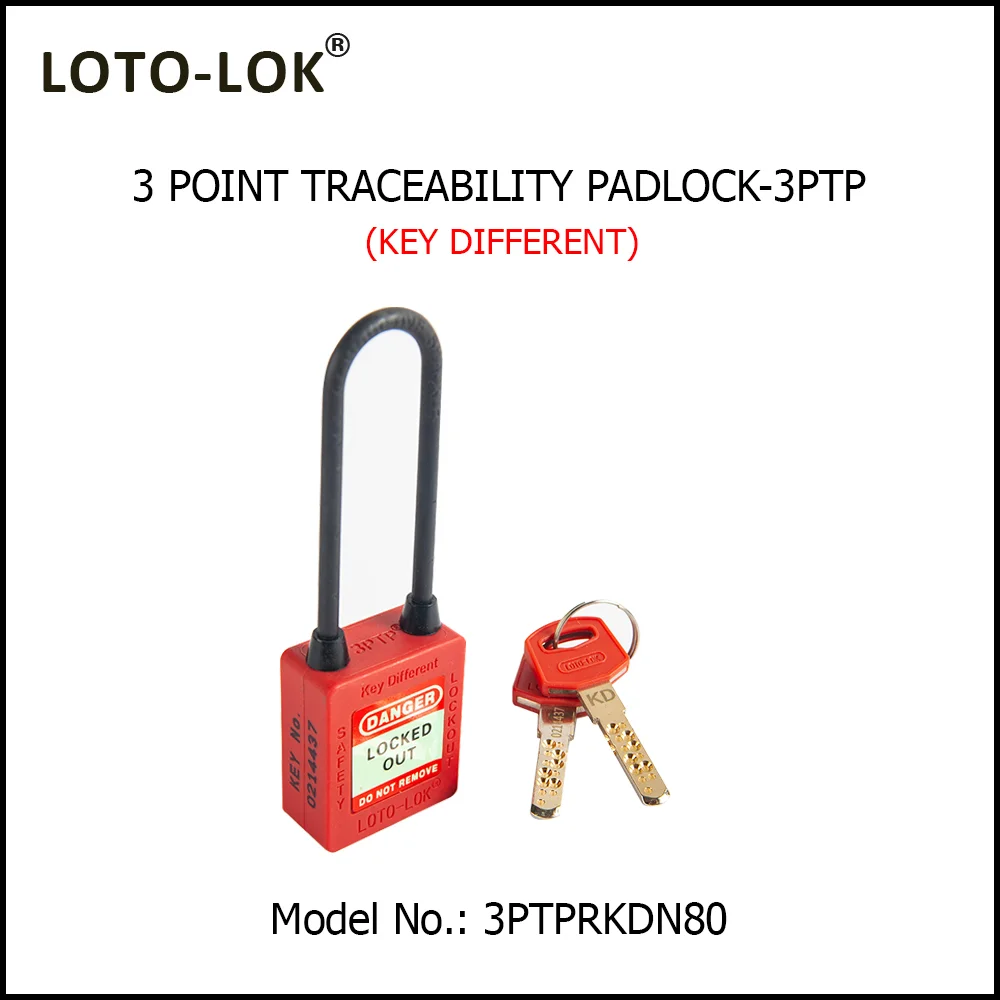 3-PTP (Three Point Traceability Padlock). <BR>Color: RED. Non Conductive LONG Shackle. Model No: 3PTPRKDN80