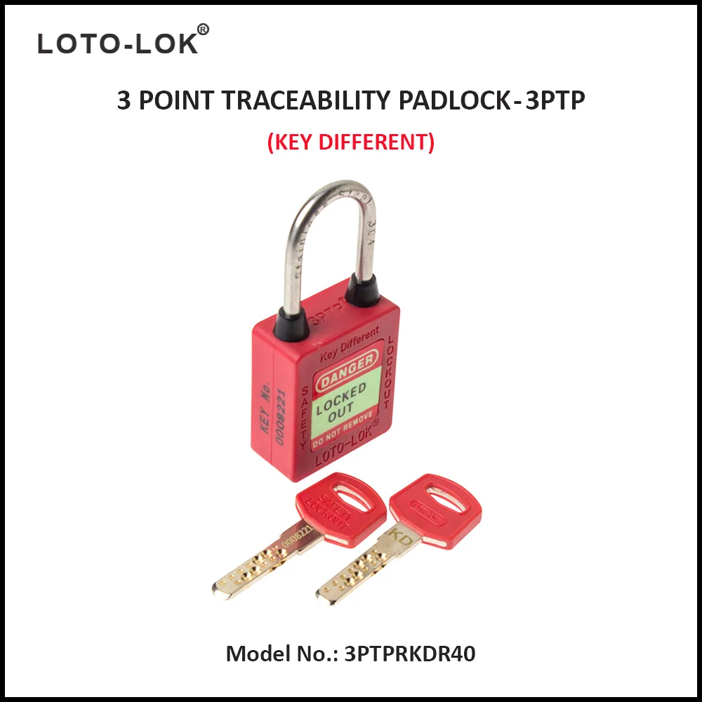 3-PTP (Three Point Traceability Padlock). <BR>Color: RED. Stainless Steel (SS304 Grade) REGULAR Shackle. Model No: 3PTPRKDR40