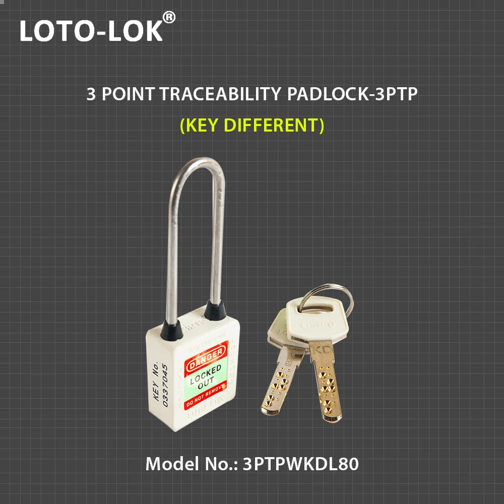 3-PTP (Three Point Traceability Padlock). <BR>Color: WHITE. Stainless Steel (SS304 Grade) LONG Shackle. Model No: 3PTPWKDL80