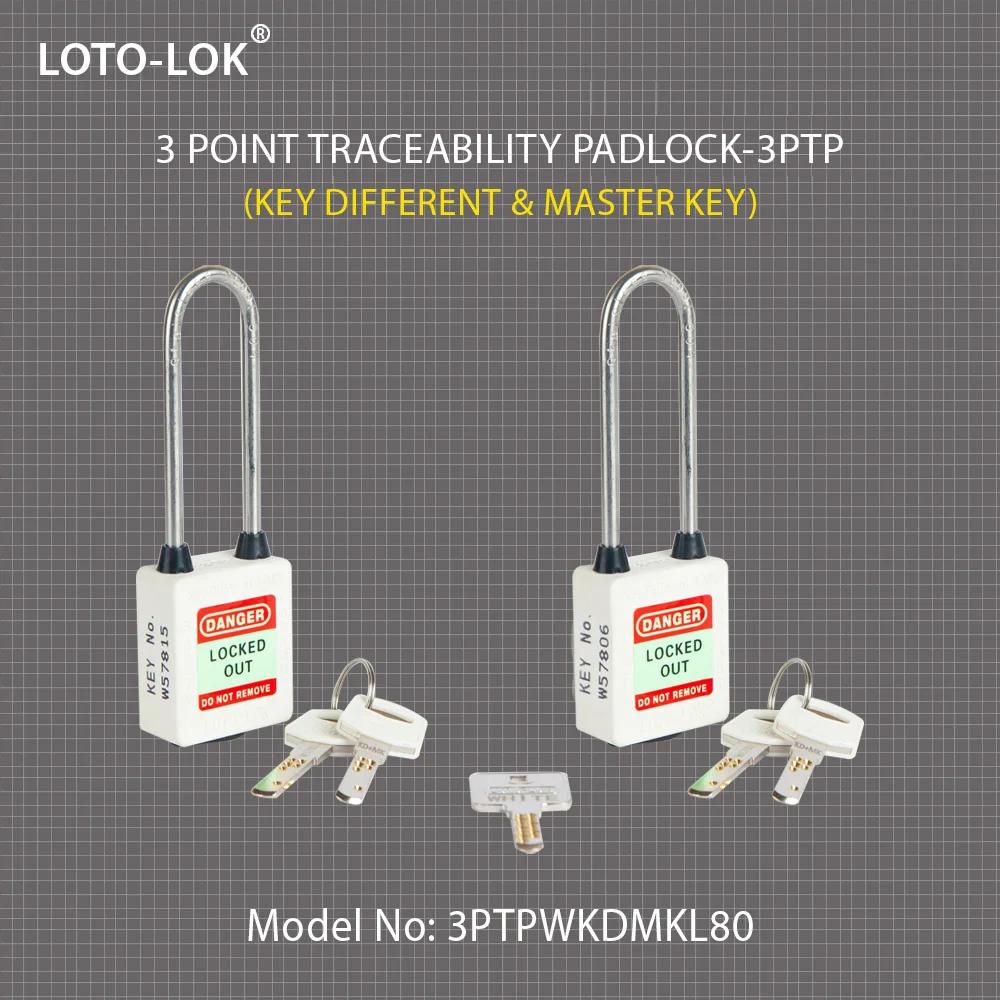 3-PTP (Three Point Traceability Padlock). <BR>Color: WHITE. Stainless Steel (SS304 Grade) LONG Shackle. Model No: 3PTPWKDMKL80