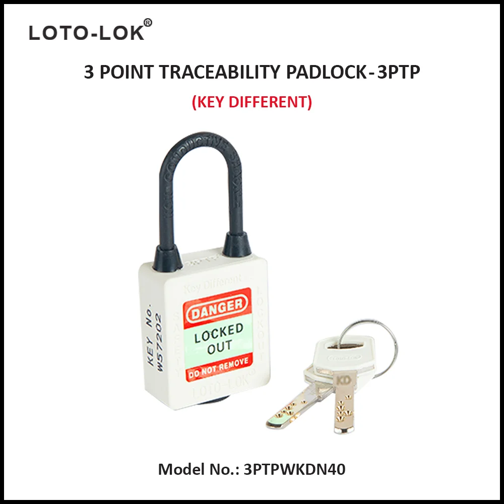 3-PTP (Three Point Traceability Padlock). <BR>Color: WHITE. Non Conductive REGULAR Shackle. Model No: 3PTPWKDN40