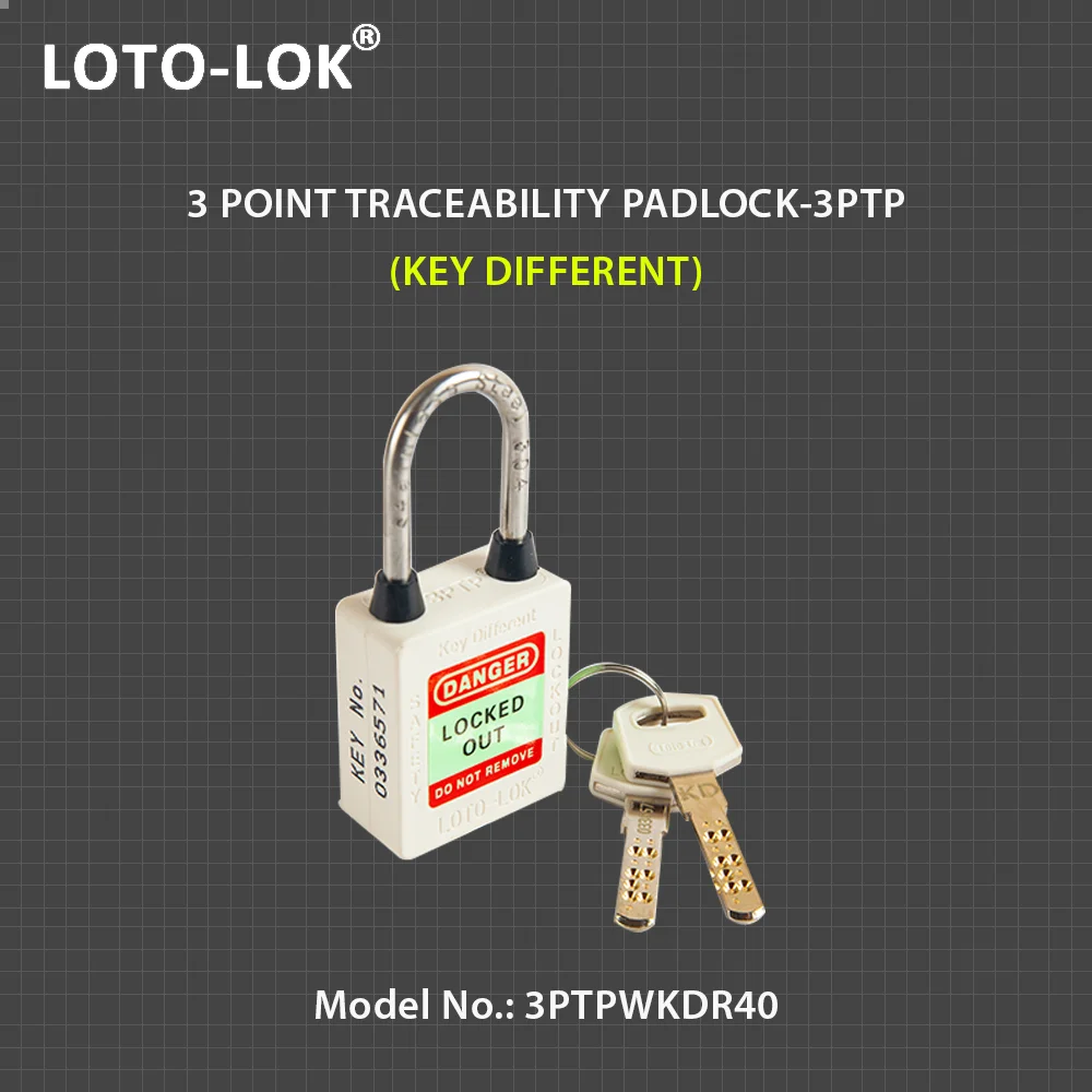 3-PTP (Three Point Traceability Padlock). <BR>Color: WHITE. Stainless Steel (SS304 Grade) REGULAR Shackle. Model No: 3PTPWKDR40