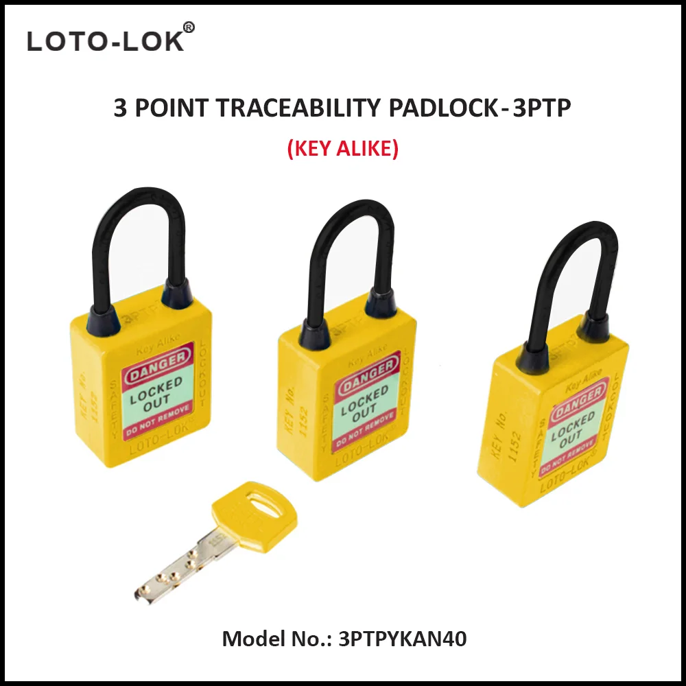 3-PTP (Three Point Traceability Padlock). <BR>Color: YELLOW. Non Conductive REGULAR Shackle. Model No: 3PTPYKAN40