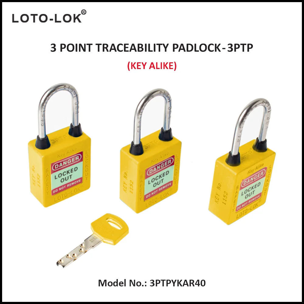 3-PTP (Three Point Traceability Padlock). <BR>Color: YELLOW. Stainless Steel (SS304 Grade) REGULAR Shackle. Model No: 3PTPYKAR40