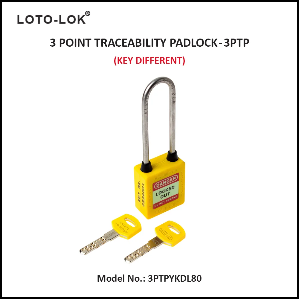 3-PTP (Three Point Traceability Padlock). <BR>Color: YELLOW. Stainless Steel (SS304 Grade) LONG Shackle. Model No: 3PTPYKDL80