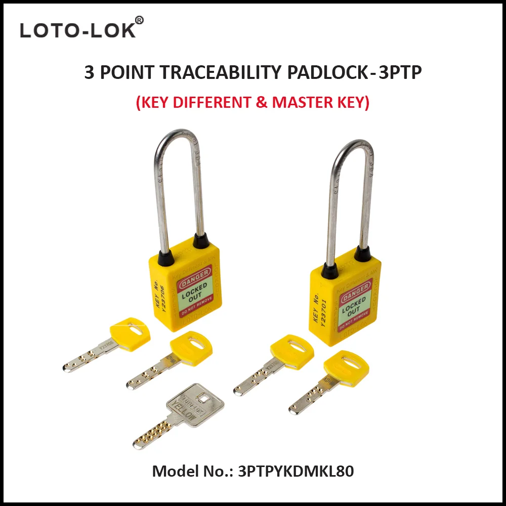 3-PTP (Three Point Traceability Padlock). <BR>Color: YELLOW. Stainless Steel (SS304 Grade) LONG Shackle. Model No: 3PTPYKDMKL80