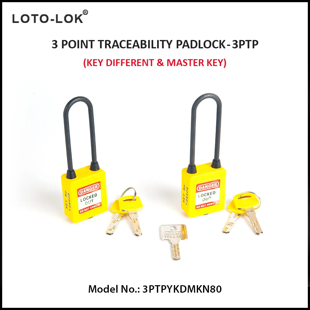 3-PTP (Three Point Traceability Padlock). <BR>Color: YELLOW. Non Conductive LONG Shackle. Model No: 3PTPYKDMKN80