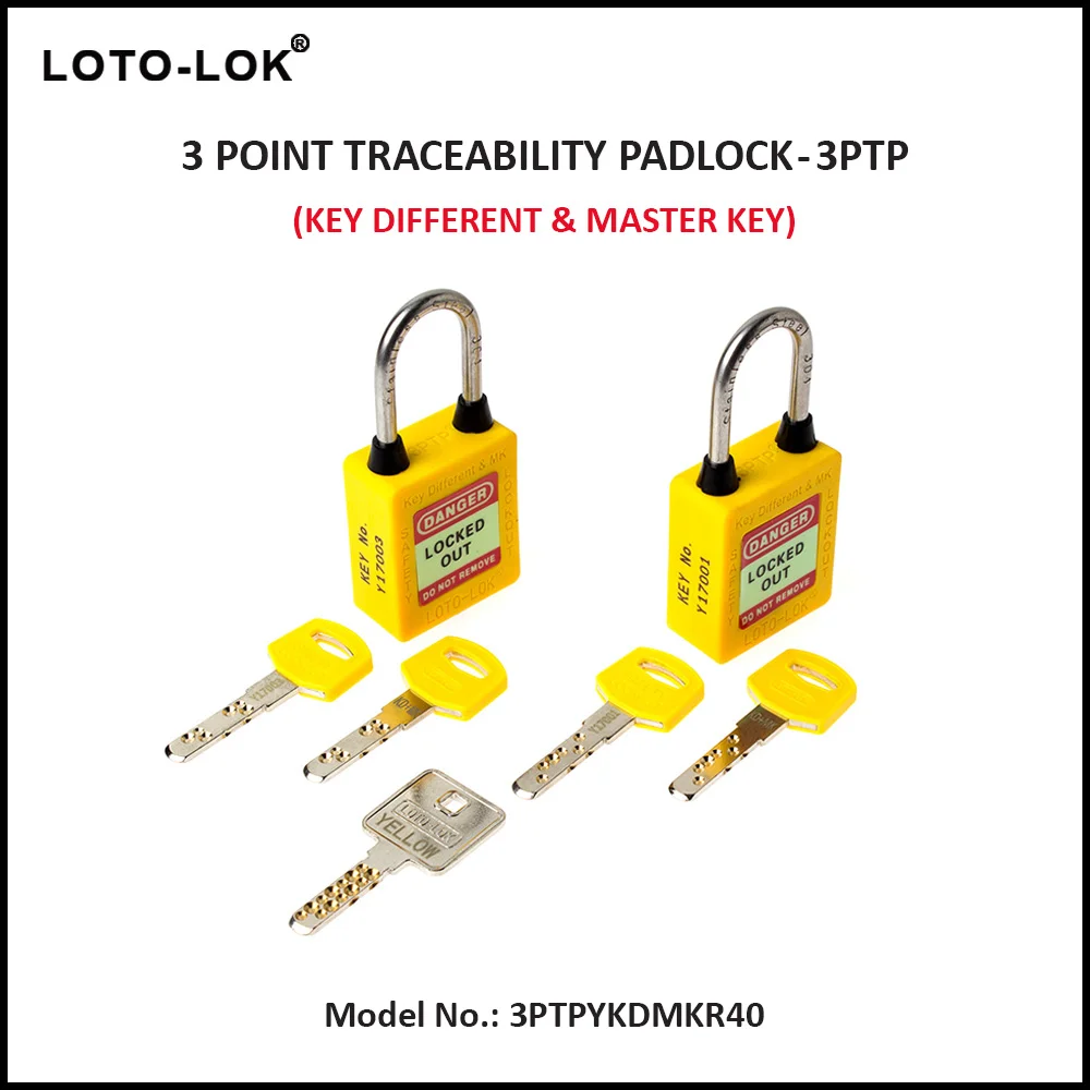 3-PTP (Three Point Traceability Padlock). <BR>Color: YELLOW. Stainless Steel (SS304 Grade) REGULAR Shackle. Model No: 3PTPYKDMKR40