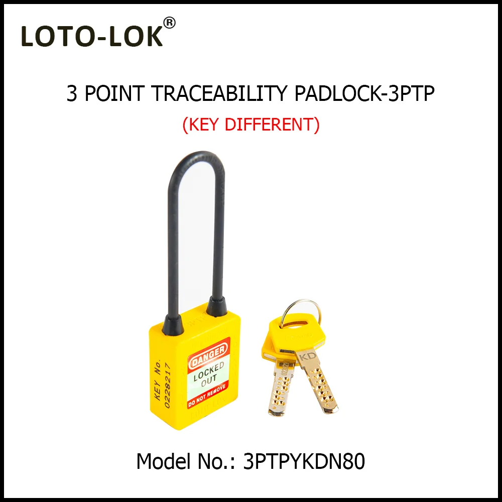 3-PTP (Three Point Traceability Padlock). <BR>Color: YELLOW. Non Conductive LONG Shackle. Model No: 3PTPYKDN80