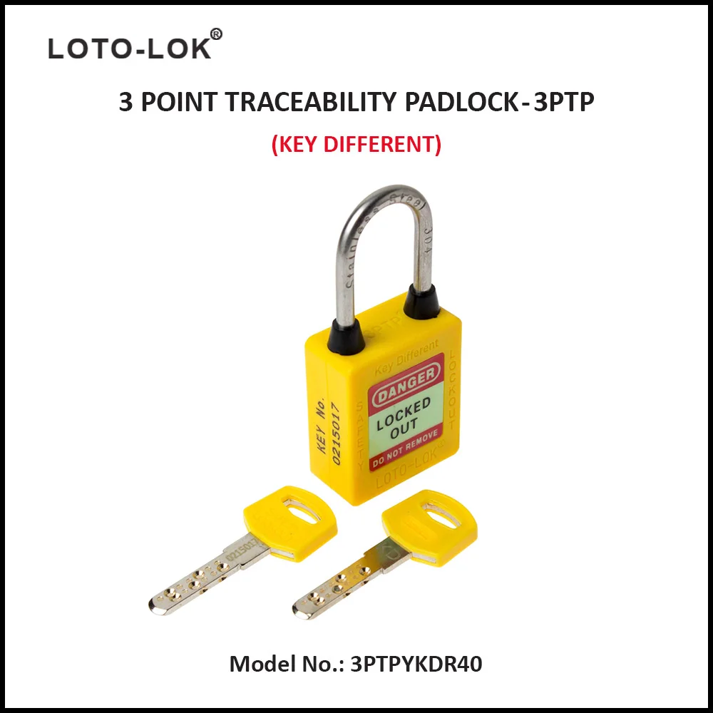 3-PTP (Three Point Traceability Padlock). <BR>Color: YELLOW. Stainless Steel (SS304 Grade) REGULAR Shackle. Model No: 3PTPYKDR40