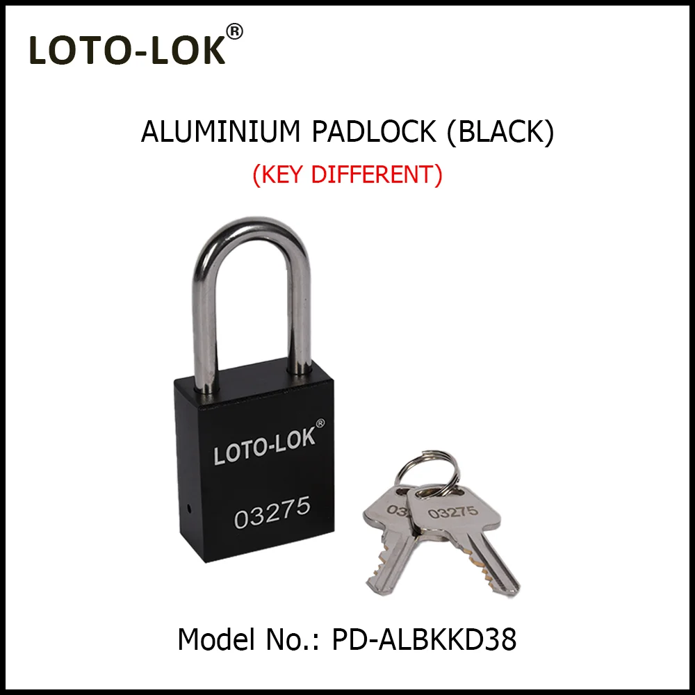 ALUMINUM SAFETY LOCKOUT PADLOCK with Anodized Aluminium Body and Stainless Steel (SS304) Shackle. <BR>COLOR: BLACK. Model No: PD-ALBKKD38