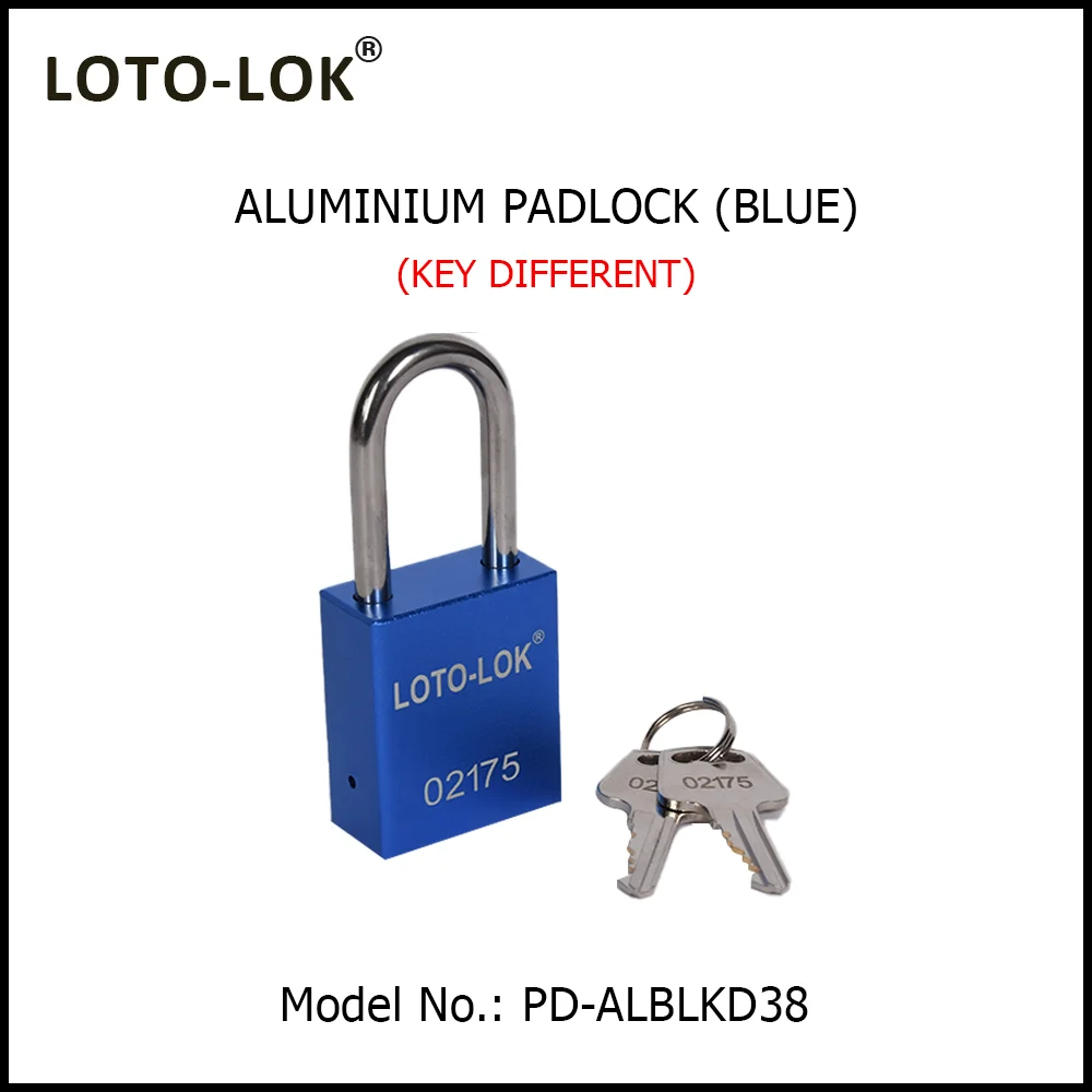 ALUMINUM SAFETY LOCKOUT PADLOCK with Anodized Aluminium Body and Stainless Steel (SS304) Shackle. <BR>COLOR: BLUE. Model No: PD-ALBLKD38