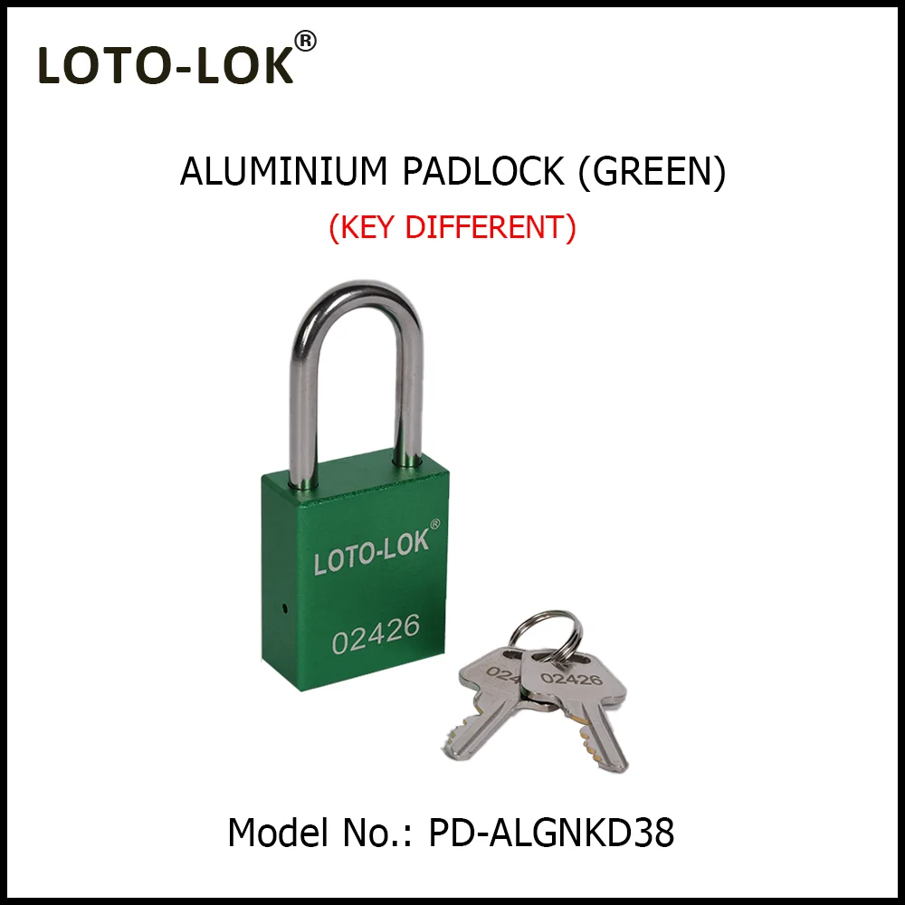 ALUMINUM SAFETY LOCKOUT PADLOCK with Anodized Aluminium Body and Stainless Steel (SS304) Shackle. <BR>COLOR: GREEN. Model No: PD-ALGNKD38