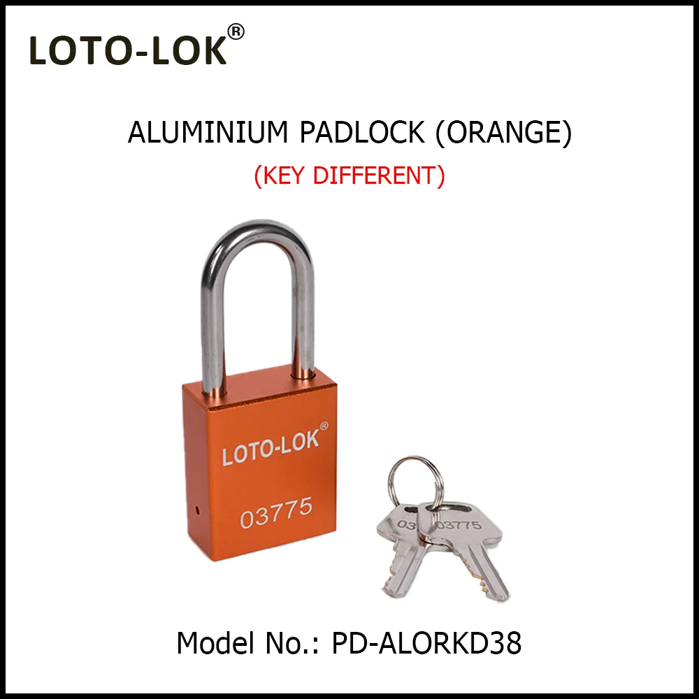 ALUMINUM SAFETY LOCKOUT PADLOCK with Anodized Aluminium Body and Stainless Steel (SS304) Shackle. <BR>COLOR: ORANGE. Model No: PD-ALORKD38