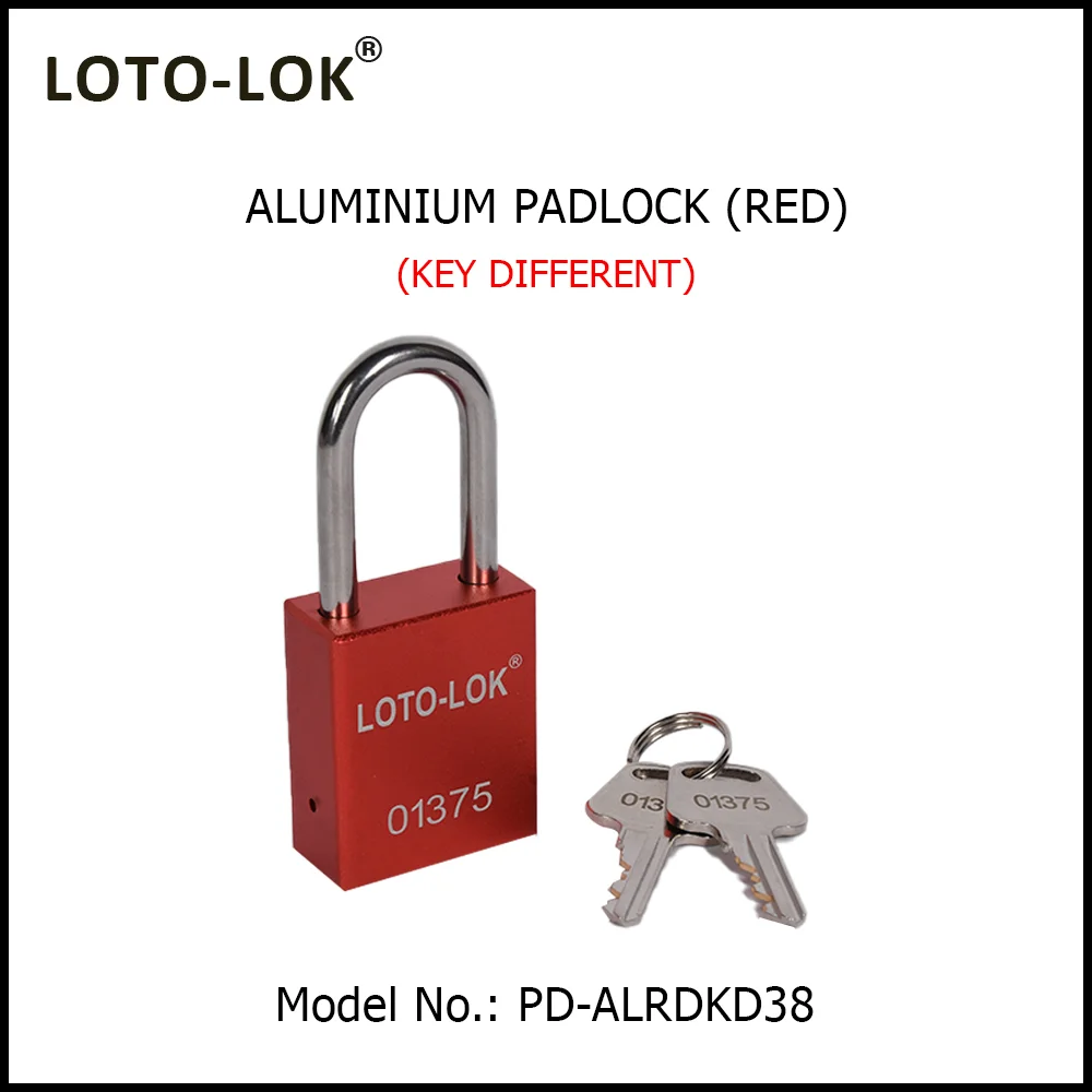 ALUMINUM SAFETY LOCKOUT PADLOCK with Anodized Aluminium Body and Stainless Steel (SS304) Shackle. <BR>COLOR: RED. Model No: PD-ALRDKD38