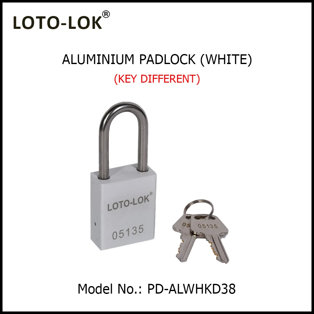 ALUMINUM SAFETY LOCKOUT PADLOCK with Anodized Aluminium Body and Stainless Steel (SS304) Shackle. <BR>COLOR: WHITE. Model No: PD-ALWHKD38