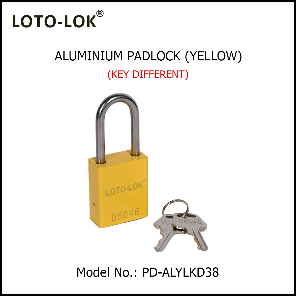 ALUMINUM SAFETY LOCKOUT PADLOCK with Anodized Aluminium Body and Stainless Steel (SS304) Shackle. <BR>COLOR: YELLOW. Model No: PD-ALYLKD38