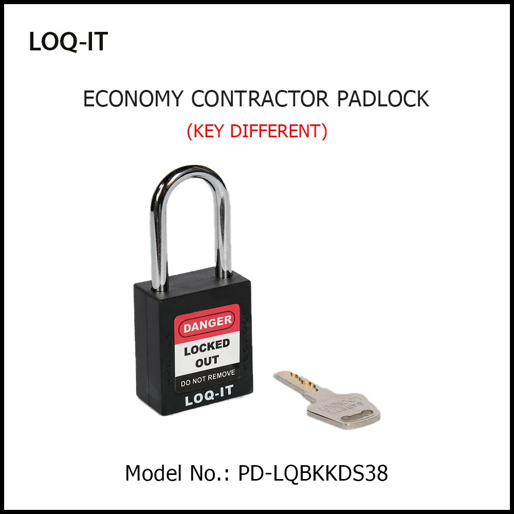 LOQ-IT Brand SAFETY LOCKOUT PADLOCK. <BR>Color: BLACK. Chrome Plated Steel REGULAR Shackle. Model No: PD-LQBKKDS38