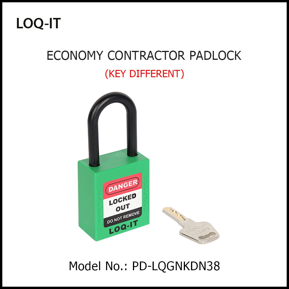 LOQ-IT Brand SAFETY LOCKOUT PADLOCK. <BR>Color: GREEN. Non-Conductive Nylon REGULAR Shackle. Model No: PD-LQGNKDN38