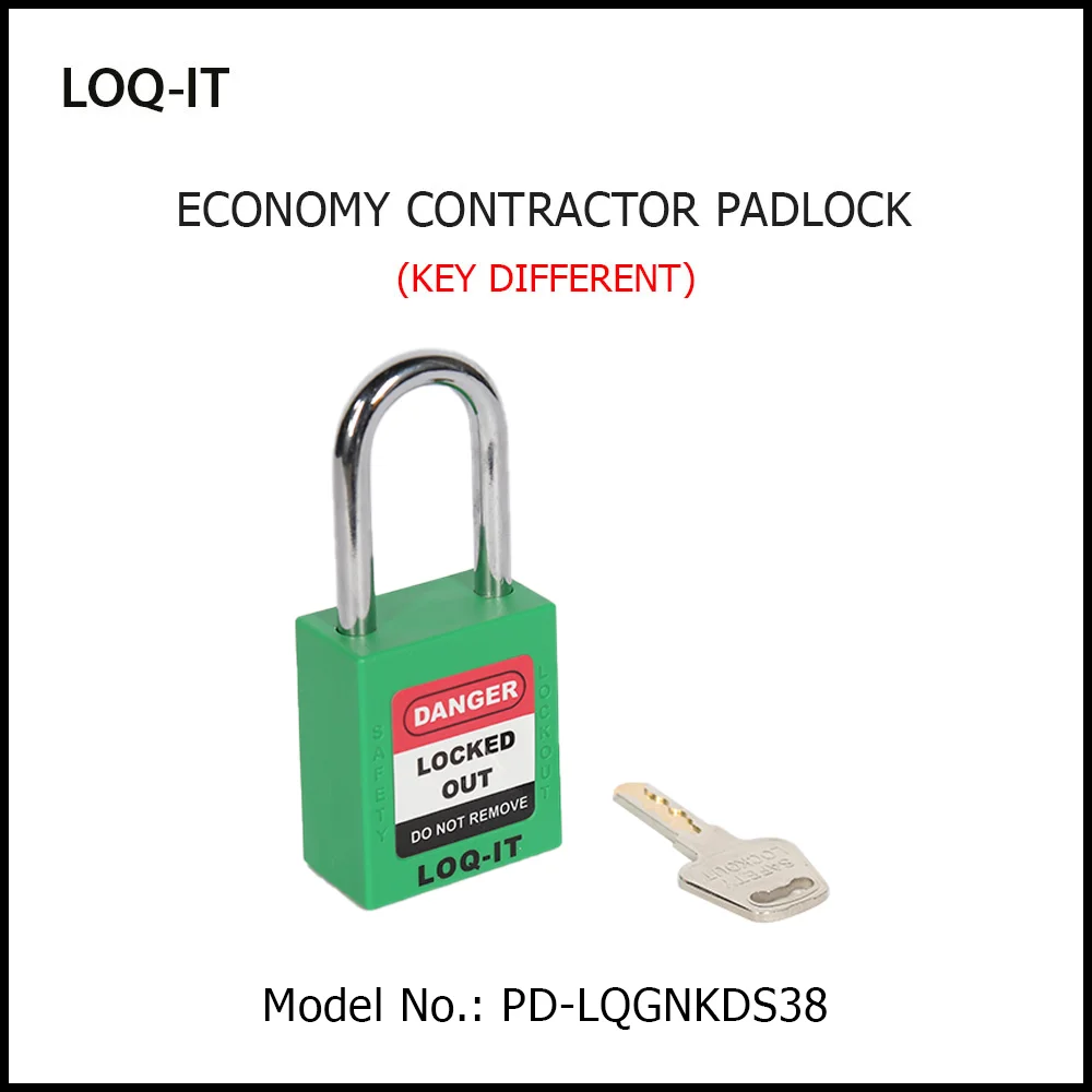 LOQ-IT Brand SAFETY LOCKOUT PADLOCK. <BR>Color: GREEN. Chrome Plated Steel REGULAR Shackle. Model No: PD-LQGNKDS38