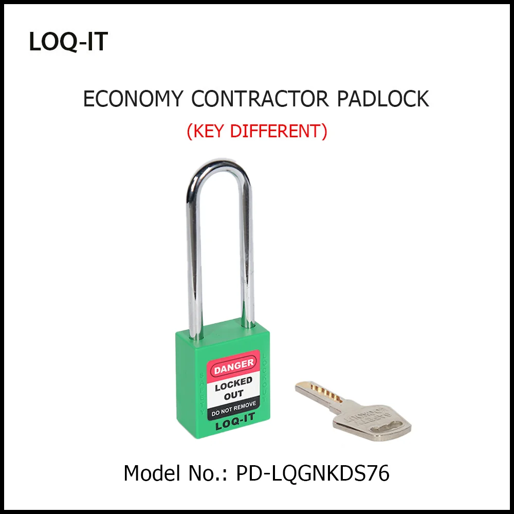 LOQ-IT Brand SAFETY LOCKOUT PADLOCK. <BR>Color: GREEN. Chrome Plated Steel LONG Shackle. Model No: PD-LQGNKDS76