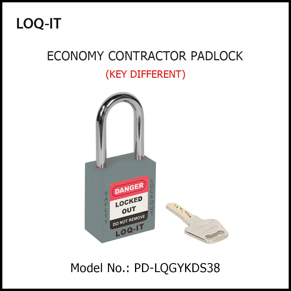 LOQ-IT Brand SAFETY LOCKOUT PADLOCK. <BR>Color: GREY. Chrome Plated Steel REGULAR Shackle. Model No: PD-LQGYKDS38