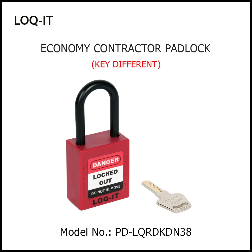 LOQ-IT Brand SAFETY LOCKOUT PADLOCK. <BR>Color: RED. Non-Conductive Nylon REGULAR Shackle. Model No: PD-LQRDKDN38