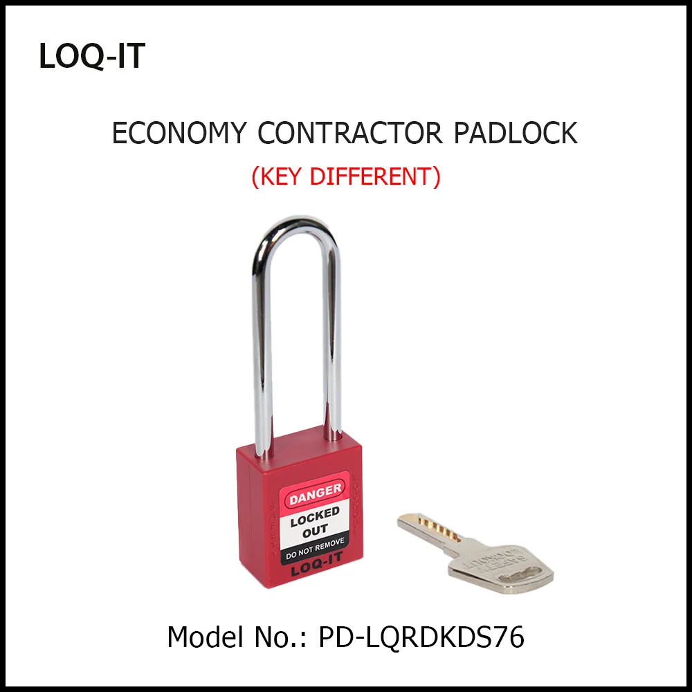 LOQ-IT Brand SAFETY LOCKOUT PADLOCK. <BR>Color: RED. Chrome Plated Steel LONG Shackle. Model No: PD-LQRDKDS76