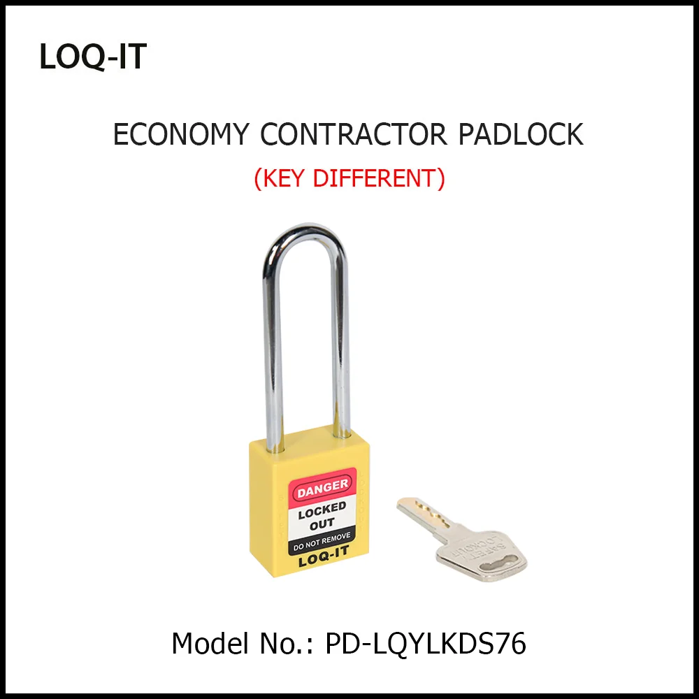 LOQ-IT Brand SAFETY LOCKOUT PADLOCK. <BR>Color: YELLOW. Chrome Plated Steel LONG Shackle. Model No: PD-LQYLKDS76