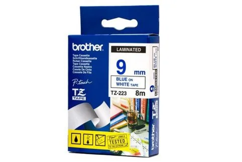 BROTHER TZE-223 3/8 IN. BLUE ON WHITE P-TOUCH TAPE