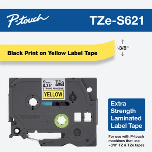 BROTHER TZE-S621 3/8 IN. BLACK ON YELLOW EXTRA STRENGTH TAPE