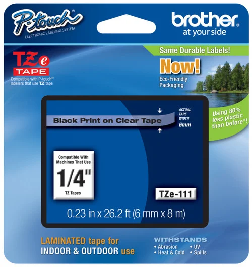 BROTHER TZE-111 1/4 IN. BLACK ON CLEAR P-TOUCH TAPE