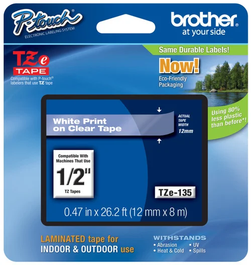 BROTHER TZE-135 1/2 IN. WHITE ON CLEAR P-TOUCH TAPE, 12MM TZ135