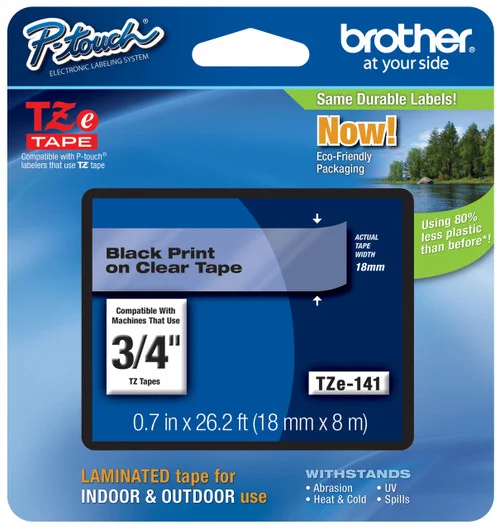 BROTHER TZE-141 3/4 IN. BLACK ON CLEAR P-TOUCH TAPE