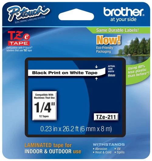 BROTHER TZE-211 1/4 IN. BLACK ON WHITE P-TOUCH TAPE