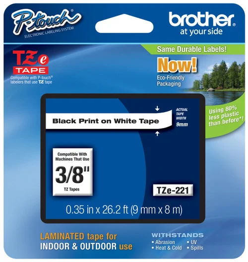 BROTHER TZ-221 3/8 IN. BLACK ON WHITE P-TOUCH TAPE