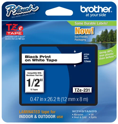 BROTHER TZE-231 1/2 IN. BLACK ON WHITE P-TOUCH LABEL TAPE 12MM TZ-231