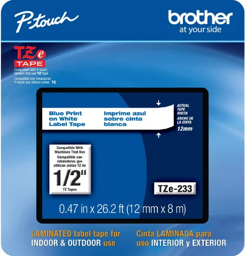 BROTHER TZE-233 1/2 IN. BLUE ON WHITE P-TOUCH TAPE