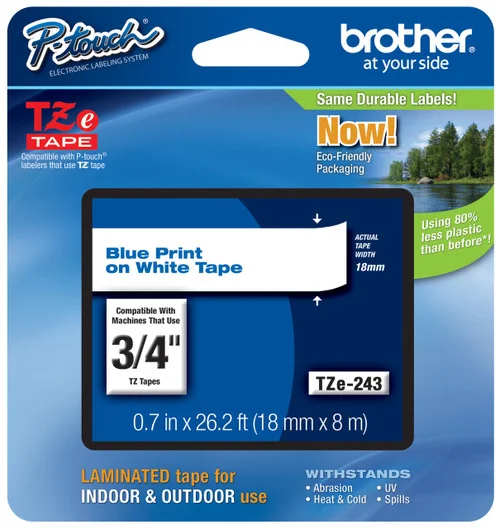 BROTHER TZE-243 3/4 IN. BLUE ON WHITE P-TOUCH TAPE