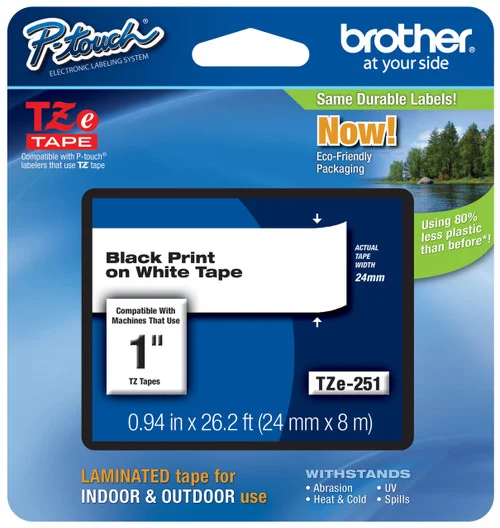 BROTHER TZE-251 1 IN. BLACK ON WHITE P-TOUCH TAPE