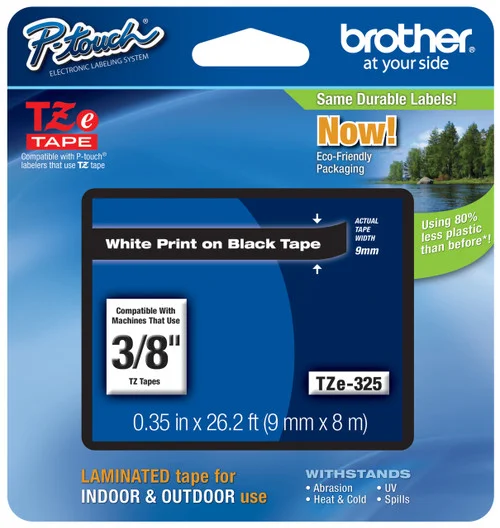 BROTHER TZE-325 3/8 IN. WHITE ON BLACK P-TOUCH TAPE - TZ-325 LABEL