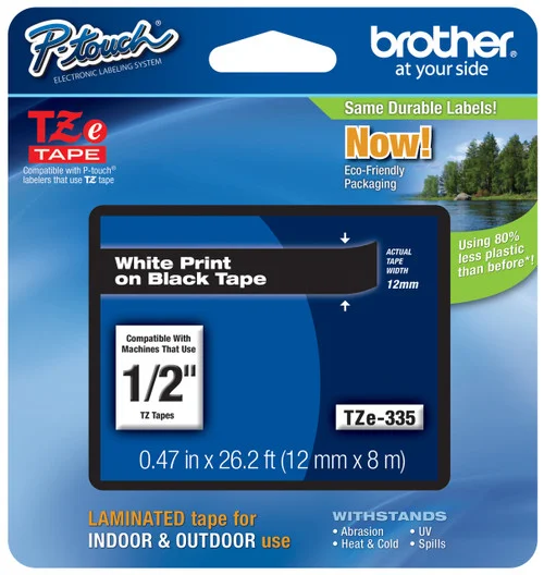 BROTHER TZE-335 1/2 IN. WHITE ON BLACK P-TOUCH TAPE