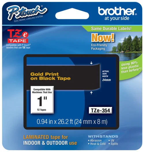 BROTHER TZE-354 1 IN. GOLD ON BLACK P-TOUCH TAPE