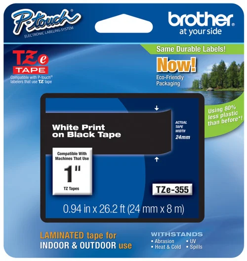 BROTHER TZE-355 1 IN. WHITE ON BLACK P-TOUCH TAPE