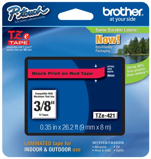 BROTHER TZE-421 3/8 IN. BLACK ON RED P-TOUCH TAPE