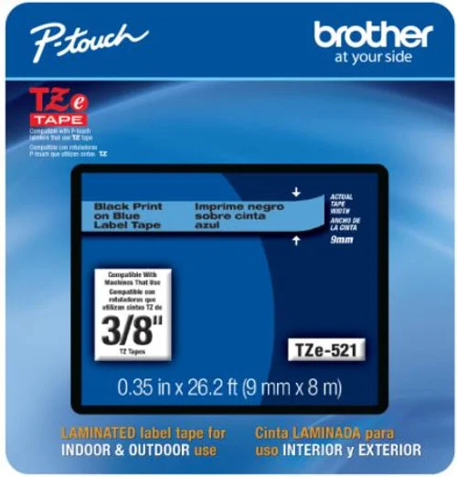 BROTHER TZE-521 3/8 IN. BLACK ON BLUE P-TOUCH TAPE